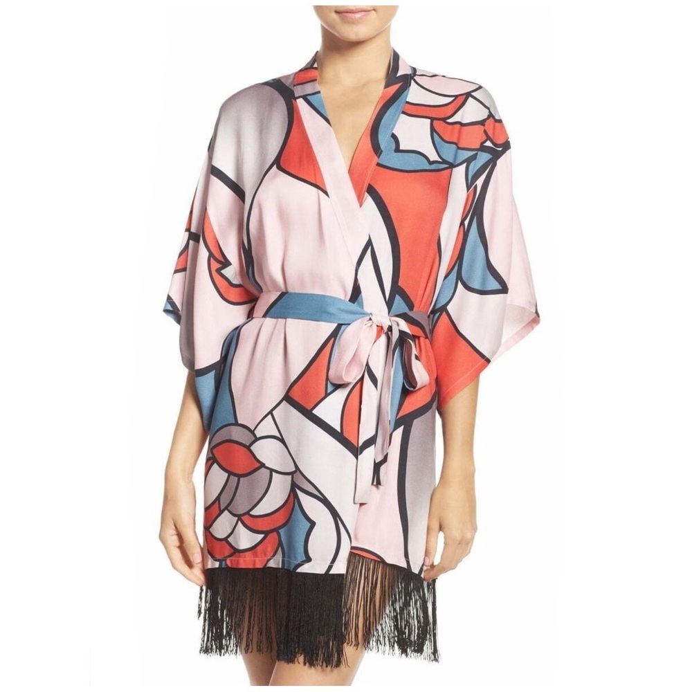 Josie Natori Abstract Colorful Fringe Kimono Belted Robe Loungewear Pink Small